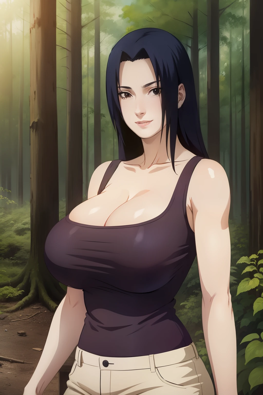 Mikoto Uchiha, oil painting, ultra-detailed, realistic, portrait, vivid colors, soft lighting, (best quality,4k,8k,highres,masterpiece:1.2), (big round breasts:1.5), professional, long black hair, black eyes, beautiful detailed eyes and face, extremely detailed smile, long eyelashes, looking at viewer, very short top, big ass, bare shoulders, white shorts, outdoors, forest, cowboy shot, clavicle.