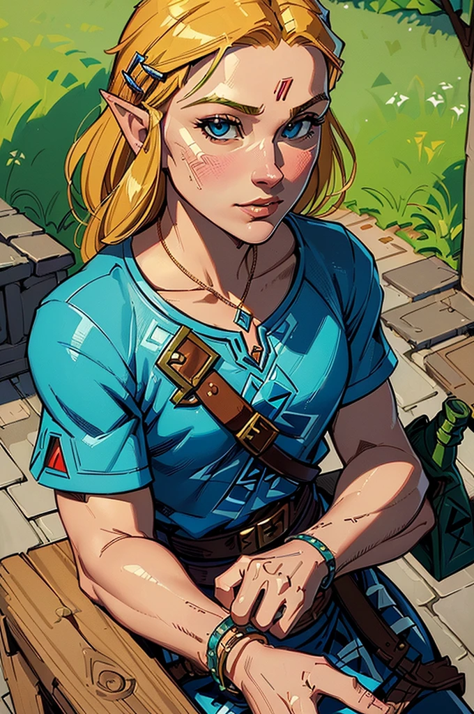 ((beste-Qualit, tmasterpiece)), Summer outfit, ((The Legend of Zelda)), romance, Street sketch, ((Стиль Coles-Phillips)), Detailed Illustration, grotesque, Complicated details, chilling, (aesthetics), excitement, Hyper-realistic, insanely detailed,