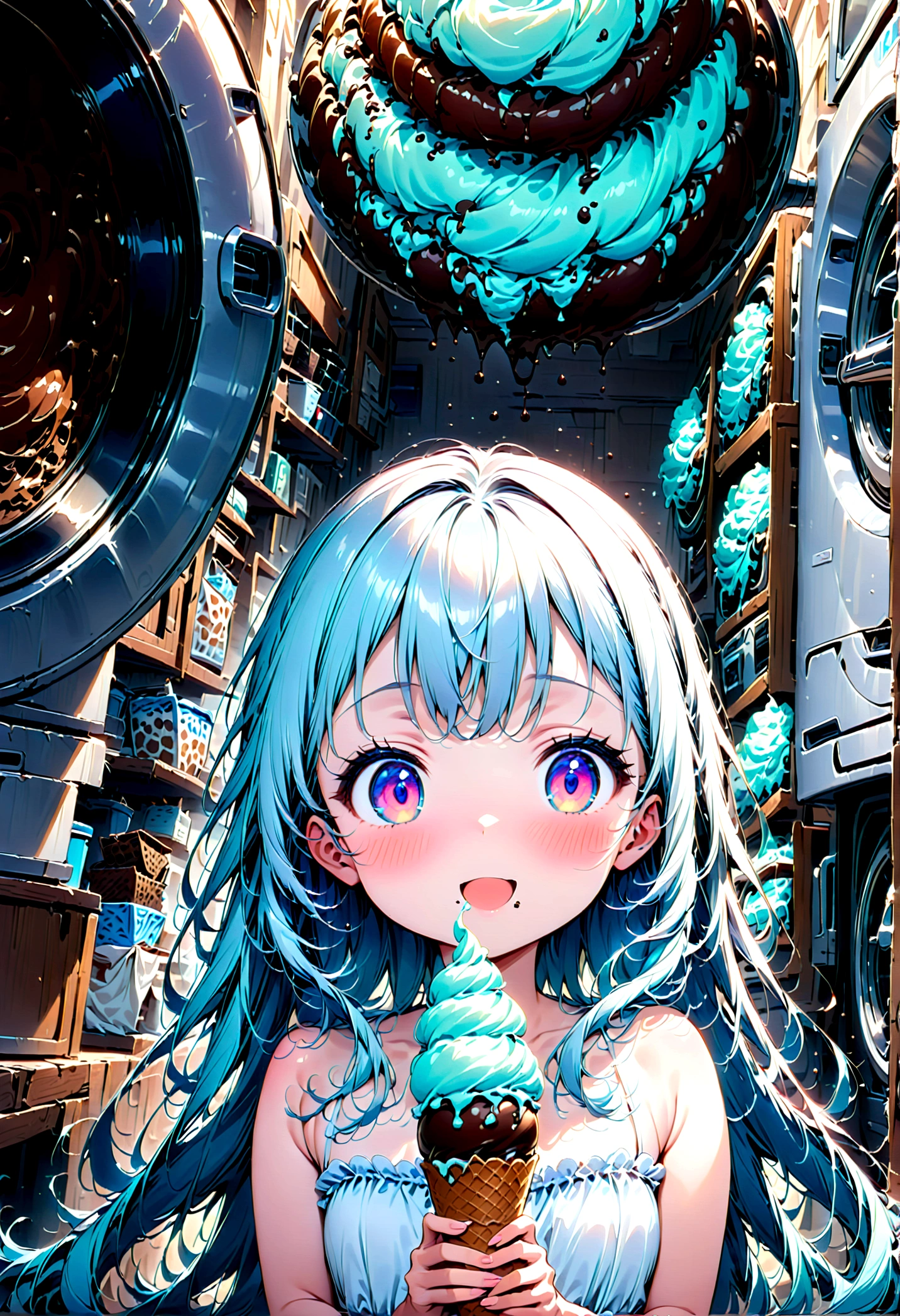 masterpiece, best quality, extremely detailed, (illustration, official art:1.1), 1 girl ,(((( light blue long hair)))), ,(((( light blue long hair)))),light blue hair, , long hair ((blush)) , cute face, big eyes, masterpiece, best quality,(((((a very delicate and beautiful girl))))),Amazing,beautiful detailed eyes,blunt bangs((((little delicate girl)))),tareme(true beautiful:1.2), sense of depth,dynamic angle,,,, affectionate smile, (true beautiful:1.2),,(tiny 1girl model:1.2),)(flat chest),A very beautiful light blue long hair girl is eating a giant ice cream in front of many laundry machines.
1girl, solo, (white tube-top), off shoulders, portrait, looking at ice cream cone, ((giant mint soft cream, and chocolate soft cream mixed)), food, open mouth, (holding ice cream cone), brown cone, long hair, swaying bangs, mint eyes, beautiful round eyes, long eyelashes, perfect her fingers, pale skin, many laundry machines. indoor,