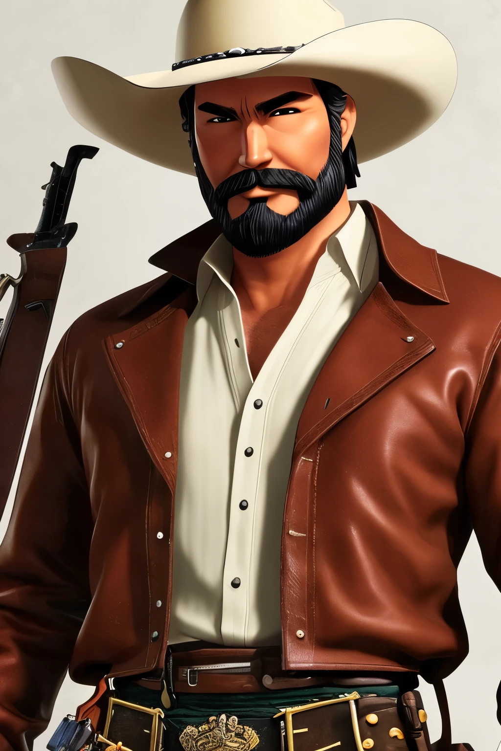 Hspanic man ,over 40, facial hair, bara, cowboy, sherrif, old west.