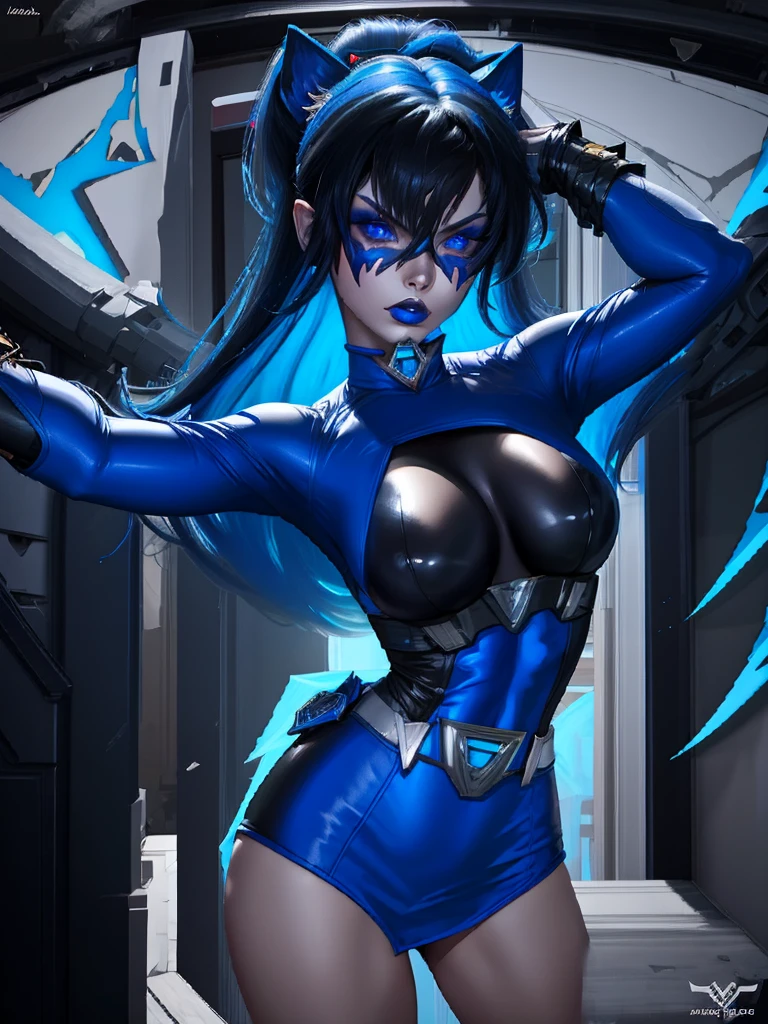 Blue Power Ranger, hurricane ,Sexy goth woman big breast, character sheet,goth makeup, character design,view all sides, full detail different poses