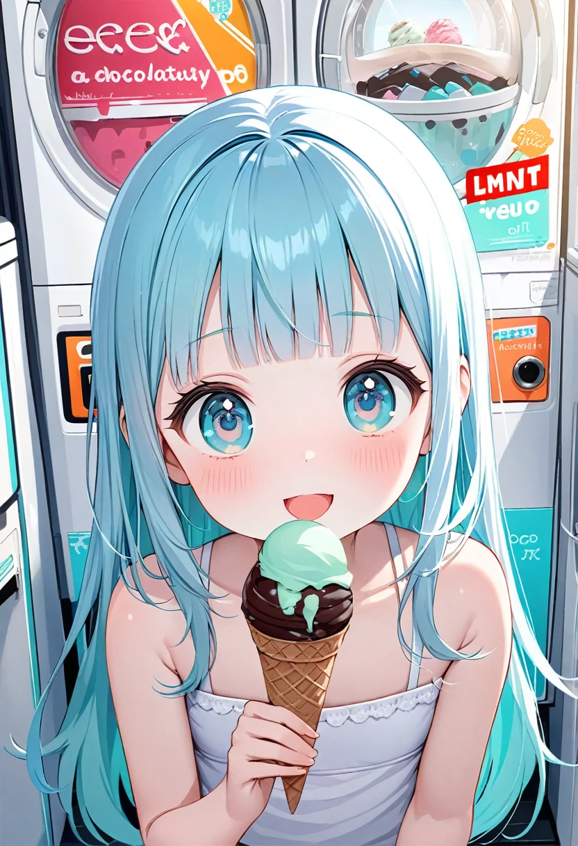masterpiece, best quality, extremely detailed, (illustration, official art:1.1), 1 girl ,(((( light blue long hair)))), ,(((( light blue long hair)))),light blue hair, , long hair ((blush)) , cute face, big eyes, masterpiece, best quality,(((((a very delicate and beautiful girl))))),Amazing,beautiful detailed eyes,blunt bangs((((little delicate girl)))),tareme(true beautiful:1.2), sense of depth,dynamic angle,,,, affectionate smile, (true beautiful:1.2),,(tiny 1girl model:1.2),)(flat chest),A very beautiful light blue long hair girl is eating a giant ice cream in front of many laundry machines.
1girl, solo, (white tube-top), off shoulders, portrait, looking at ice cream cone, ((giant mint soft cream, and chocolate soft cream mixed)), food, open mouth, (holding ice cream cone), brown cone, long hair, swaying bangs, mint eyes, beautiful round eyes, long eyelashes, perfect her fingers, pale skin, many laundry machines. indoor,