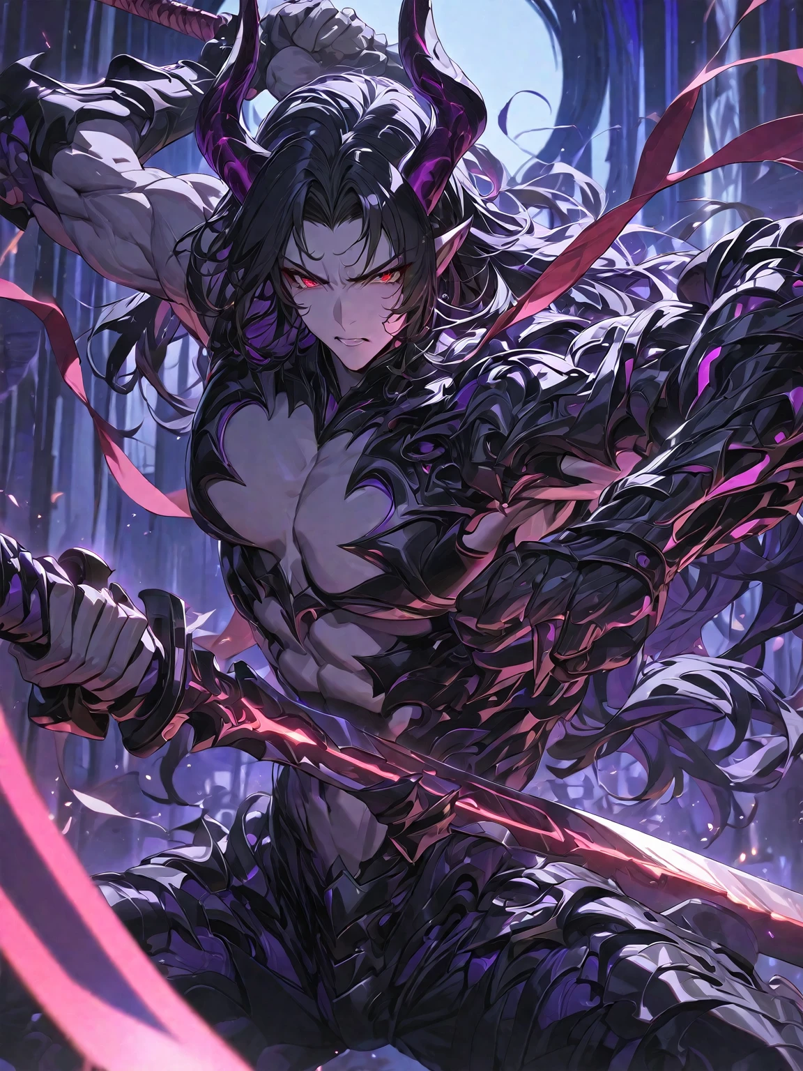 Masterpiece, Very detailed, ultra detailed, one, beautiful, (1 man), with a sporty body, V-shaped shoulders, black detailed armor with glowing purple details, black demonic horns, long hair, black hair, purple with red eye tones, a man has a huge sword in his hands and he is in a fighting pose, Black light