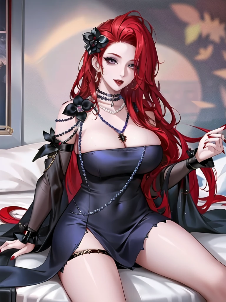 1 Girl, Jewelry, Red hair, Solitary, necklace, Long hair, earrings, Mole under mouth, Red nails, flower瓣, Red lips, Hair accessories, flower, black flower, pearl necklace, portrait, Lipstick, cosmetic, Gray eyes, Nail polish, gem,Open your mouth,Red lips,,Huge breasts, Open your mouth,(Glowing skin),(Mature female:1.2),Cabernet Sauvignon,，Visible throughout the body，Perfect legs，High heel