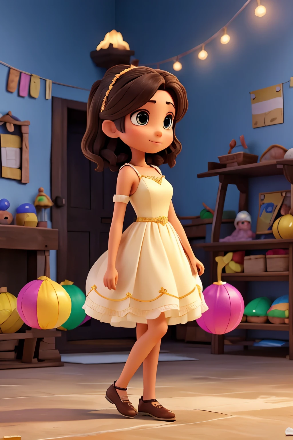 Woman in dress slim light skin dark hair medium short working on piñatas