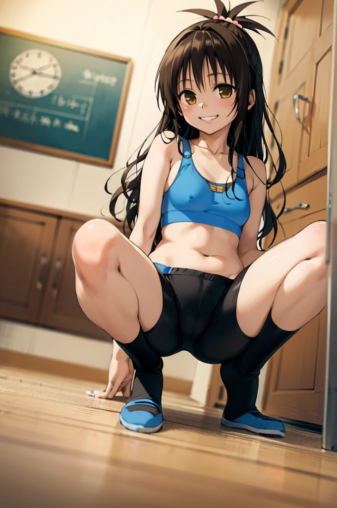 1girl,solo,yuuki mikan,, smile,brown hair,, (best quality:1.3),1girl,indoor,,,cowboy shot,,,grin,small breasts,sports bra,bike shorts,,squatting,open legs