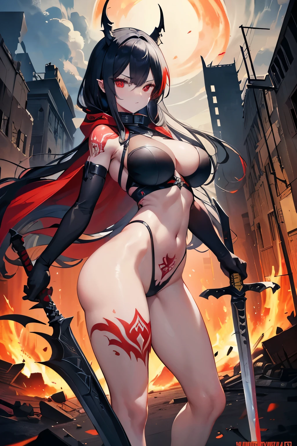 (Big image), (body marks:1.2) and (symbols:1.1), (tattoos:1.2), (long thin hair), (red hood), (Banshee), (great sword:1.2), (detaild sword), (dark soul), (devil gloves:1.1), (mashiba armor:1.1), (banshee armor:1.1), (demale devil), fire, (fire and lava), (hell horses:1.1), (red eyes:1.1), hell, (apocalyptic), the end of the world, dark side, disillusioned, war, darksiders, ERA, works of art, (round breasts), (bubble butt), (wide hips:1.1), (slim waist:1.1), (thick thighs:1.1), (detailed face and eyes:1.2), (detaile background), female warrior, hell messenger, (Horsemen of the Apocalypse), blood, destruction, (ruined city), (ruined buildings), destroyed streets, povo and airborne particleany victims around, (spills blood), pierced sword), (boold sword), mystery, dynamic pose, movement, (detailed hand and finger:1.2), (medium breasts:1.2), (busty), (deep cleavage:1.2), (labia outline:1.3), (hard teat:1.3).