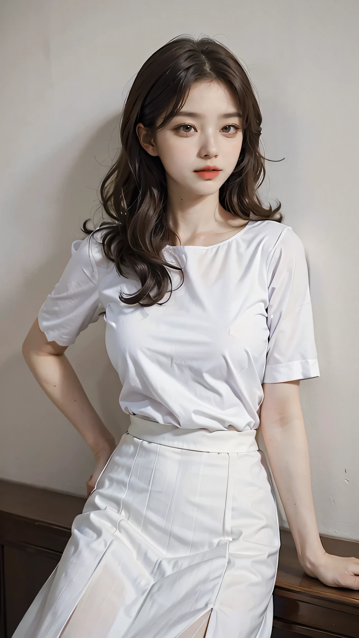 detailed background, masterpiece, best quality, 1 person , curly hair, long hair, purple eyes, star in eye , White Strap blouse, long skirt
