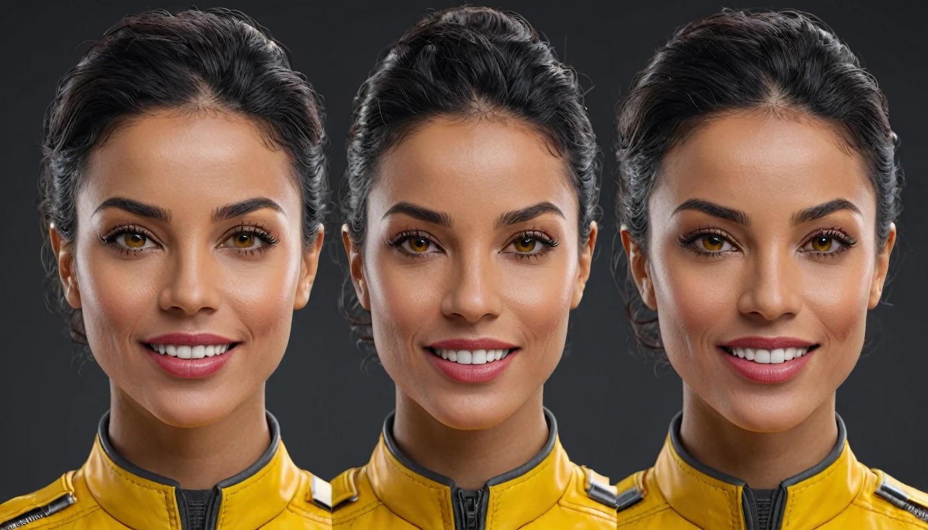 a dynamic photorealistic full-body ((character sheet ))of 30 years old ELVA LUISA HERNANDES, ((front view, side view, back biew)), of colombian origin, of latin american origin, fit appearance, a fighter. in yellow red spacesuit, very short black wavy hairs, broad chin, robust appearance, perfect anatomies, detailed faces, detailed skins, detailed eyes and mouths, well aligned teeth, high quality, 4k resolution, photographic, hyperrealistic, dark grey vibrant background, neutral background, color graded background,