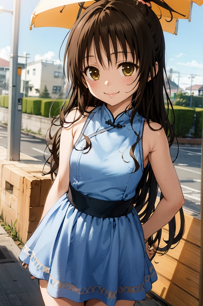 1girl,solo,yuuki mikan,, smile,brown hair,, (best quality:1.3),1girl,outdoor,,china dress,bare legs