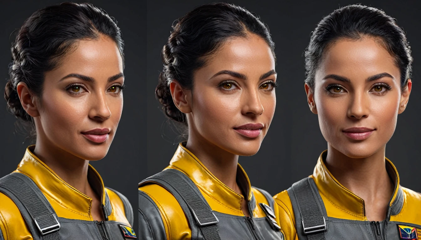 a dynamic photorealistic full-body ((character sheet ))of 30 years old ELVA LUISA HERNANDES, ((front view, side view, back biew)), of colombian origin, of latin american origin, fit appearance, a fighter. in yellow red spacesuit, very short black wavy hairs, broad chin, robust appearance, perfect anatomies, detailed faces, detailed skins, detailed eyes and mouths, well aligned teeth, high quality, 4k resolution, photographic, hyperrealistic, dark grey vibrant background, neutral background, color graded background,