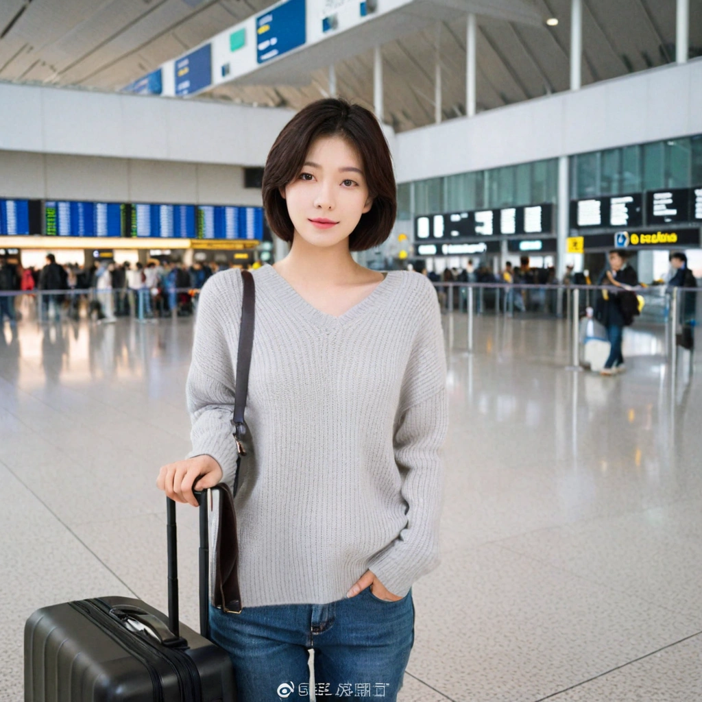beautiful korean girl , 32 inch chest size, Your eyes are big and pretty. Short in stature. Standing in the departure hall of the airport. . short medium hair, Standing in line at the departure hall of Frankfurt Airport, Germany. He wore a wrinkled gray jumper over a white knit and jeans.Dragging a suitcase. short medium hair, short height, Full body shot with Canon camera 16-35 wide angle lens, short medium hair. uhd