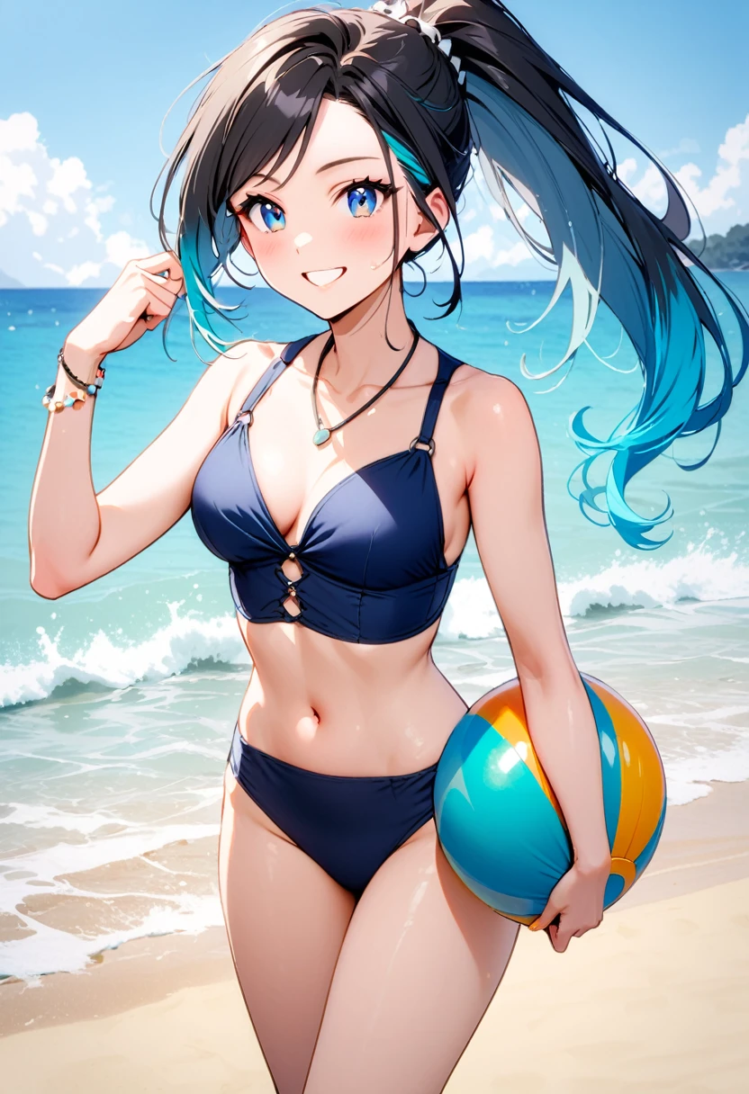 A woman, 19-years-old, solo, Caucasian, black hair, cyan hair, gradient hair, multicolored hair, ponytail, two-tone hair, blue eyes, cheerful smile, mature face, dark blue bikini top, dark blue bikini bottom, midriff, holding a beachball, beach, thin silver necklace, white bracelet, flat stomach