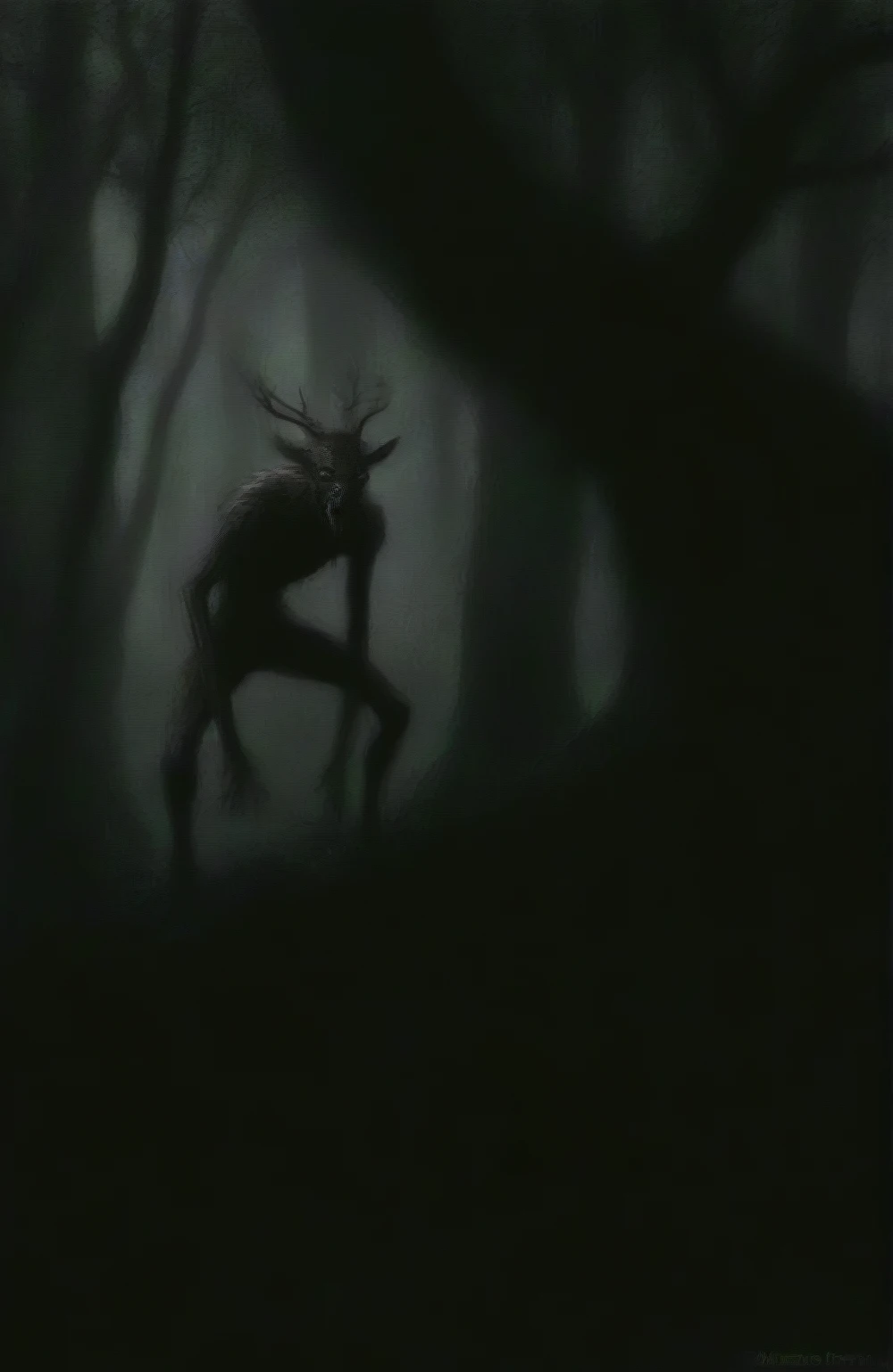 painting of a deer in a tenebrosa forest with a tree, Wendigo, dark creature, o Wendigo, shadowy creatures, dark and mysterious character, sinister creature hidden detailed, mysterious creature, creepy creature, tenebrosa!, 苗条man in the woods, nightmare illustration, creepy creature, tenebrosa concept art, 苗条, in a forest made of nightmares