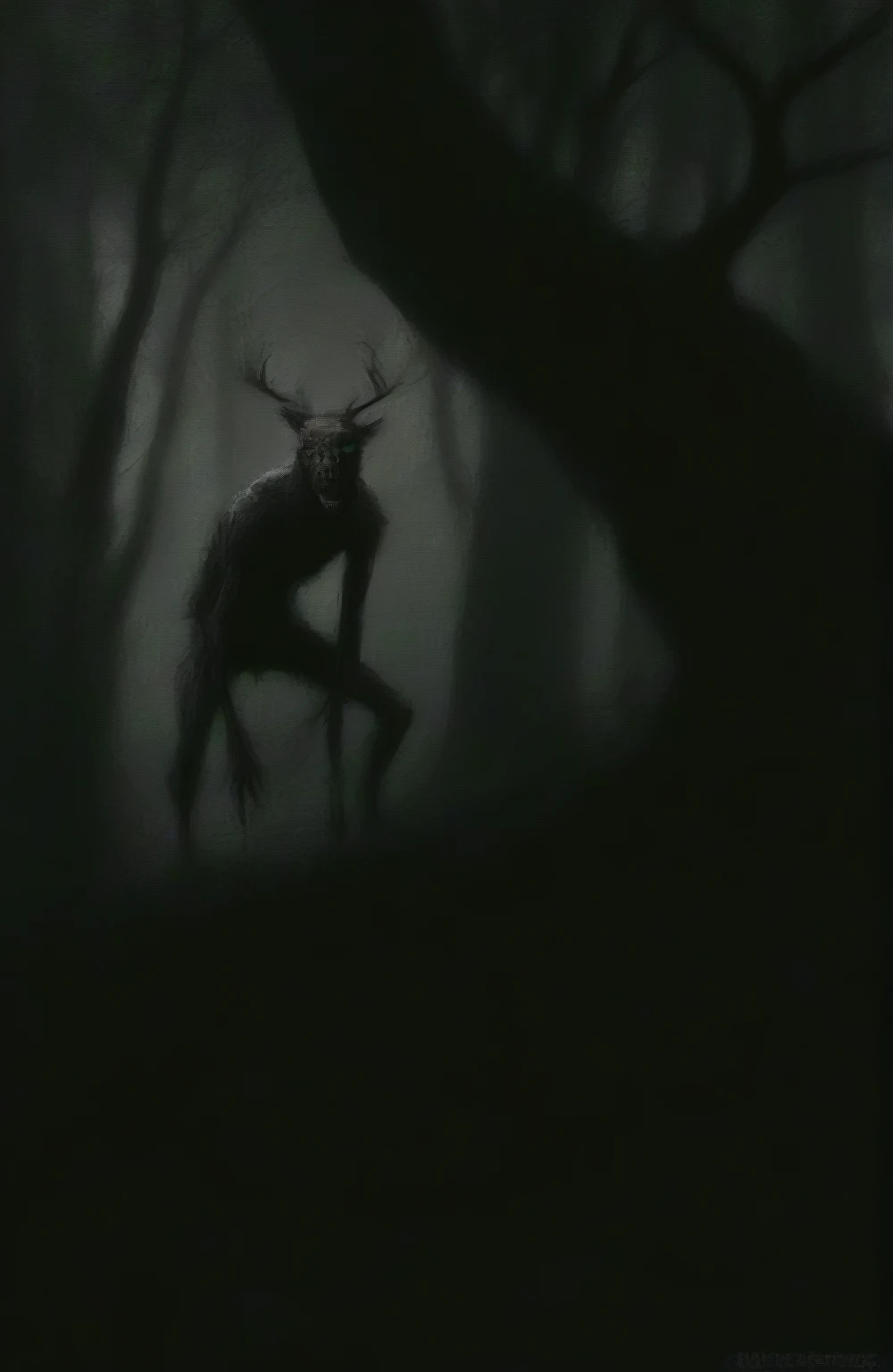 painting of a deer in a tenebrosa forest with a tree, Wendigo, dark creature, o Wendigo, shadowy creatures, dark and mysterious character, sinister creature hidden detailed, mysterious creature, creepy creature, tenebrosa!, 苗条man in the woods, nightmare illustration, creepy creature, tenebrosa concept art, 苗条, in a forest made of nightmares
