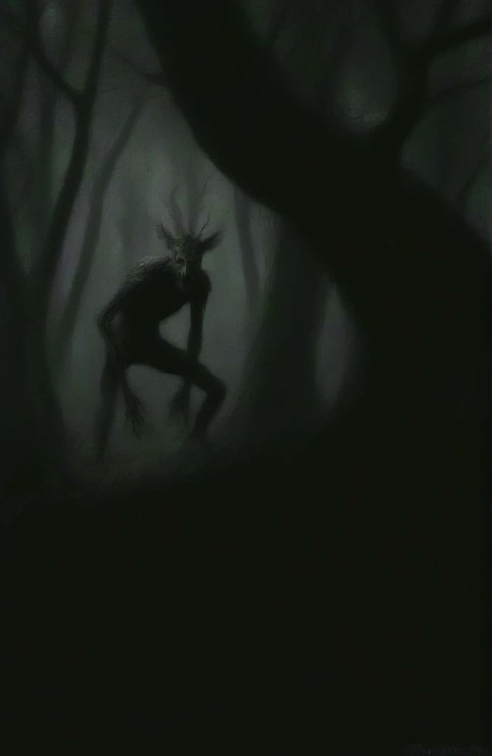 painting of a deer in a tenebrosa forest with a tree, Wendigo, dark creature, o Wendigo, shadowy creatures, dark and mysterious character, sinister creature hidden detailed, mysterious creature, creepy creature, tenebrosa!, 苗条man in the woods, nightmare illustration, creepy creature, tenebrosa concept art, 苗条, in a forest made of nightmares