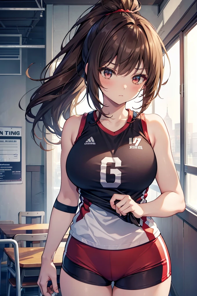 1.5, best quality, high quality, High definition, High quality texture, high detail, beautiful detailed, finely detailed, extremely detailed cg, detailed texture, ((ANIME)), 1girl, woman, female, ((volleyball player)), sleeveless jersey, large breasts, brown hair, long ponytail, tied up hair, shaggy hair, serious, gym shorts