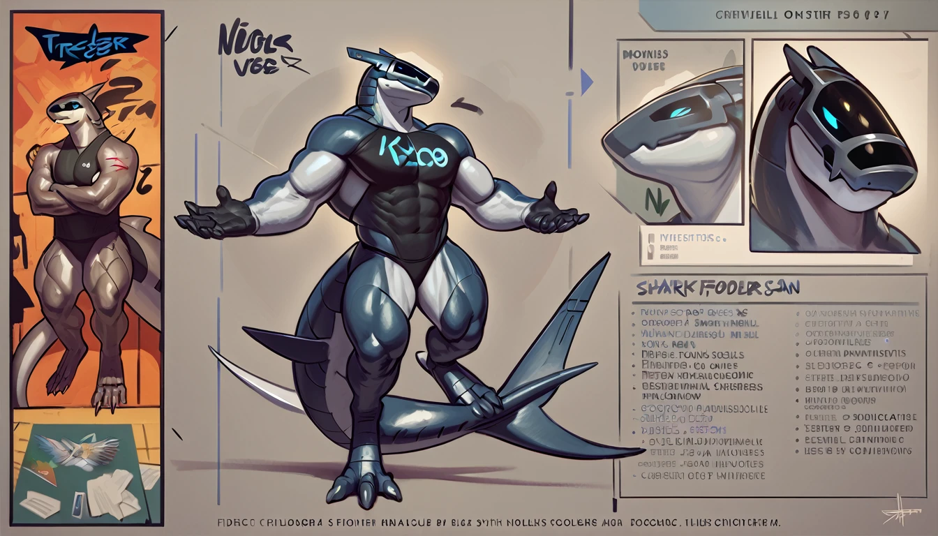  best quality, masterpiece, high quality, bara, synth (vader-san), White body, black highlights, very muscular,  thick thighs, Long tail, pose,shark, shark hybrid, shark tail, graffiti theme, graffiti, graffiti design, glowing details, glowing highlights, artificial, synthetic, robotic, refsheet, reference sheet, strong physique, eyes, very muscular, perfect anatomy, scars on body, full body view in frame,  solo, masterpiece, manly pose, strong jaw, thick thighs, giant biceps,  muscular, tail, smile, amazing shading, full body, detailed hands, detailed eyes, detailed face, detailed arms, anthro, muscular, (detailed:1.5), male by darkgem,by sligarthetiger, by meesh, by kihublue,by taran fiddler:0.6, by taran fiddler:0.8

accurate muscles, close up, clear anatomy lines,  perfect framing, cinematic shot, cinematic framing, standing,seductive pose, looking at viewer, abstract background,  refsheet, reference sheet,
