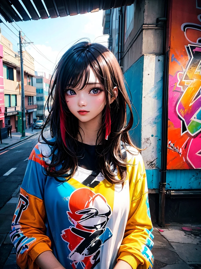 Graffiti-style portrait capturing a woman exuding stunning beauty, vibrant spray paint colors, urban background with textured brickwall, obscured tags and mural art, streaks of neon, expressive brush strokes, dynamic contrasts, high energy, gritty aesthetic, urban fashion elements, octane rendering, vivid colors, highly detailed., painting, cinematic, illustration, fashion, 3d render, photo, poster, portrait photography, conceptual art, anime, graffiti