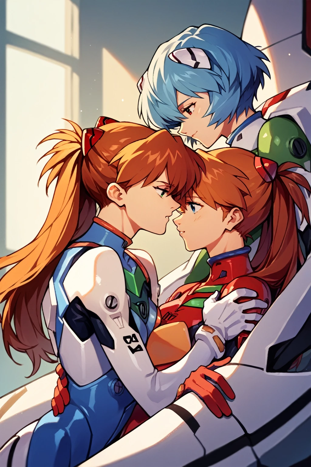 score_9, score_8_up, score_7_up, score_6_up, score_5_up, score_4_up, (source_anime), 2girls, evangellion, asuka langley, rei ayanami, yuri, oral, Inside a mecha, pussy lick