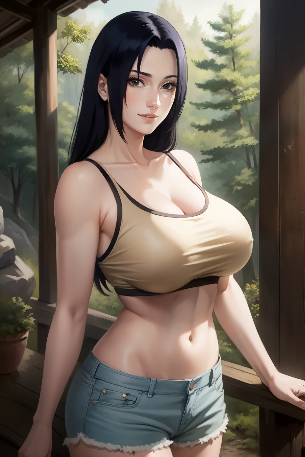 Mikoto Uchiha, oil painting, ultra-detailed, realistic, portrait, vivid colors, soft lighting, (best quality,4k,8k,highres,masterpiece:1.2), (big round breasts:1.5), professional, long black hair, black eyes, beautiful detailed eyes and face, extremely detailed smile, long eyelashes, looking at viewer, very short top, big ass, bare shoulders, white shorts, outdoors, forest, cowboy shot, clavicle.