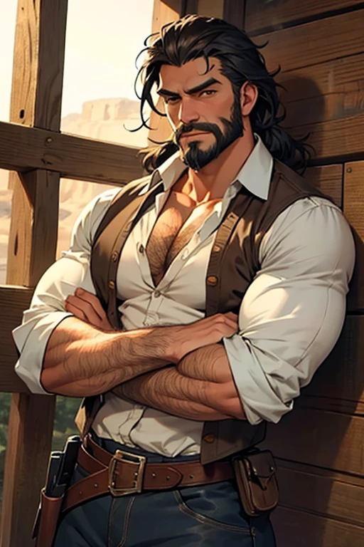 Man, scruffy beard, hair, muscular  bara, cowboy, sherrif, old west.