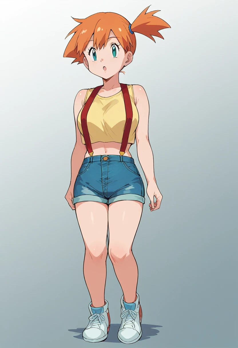 nanao yukiji style, greyscale, manga, 1girl(misty \(pokemon\), orange hair, aqua eyes, side ponytail, yellow tank top, red suspenders, denim shorts, white sneakers