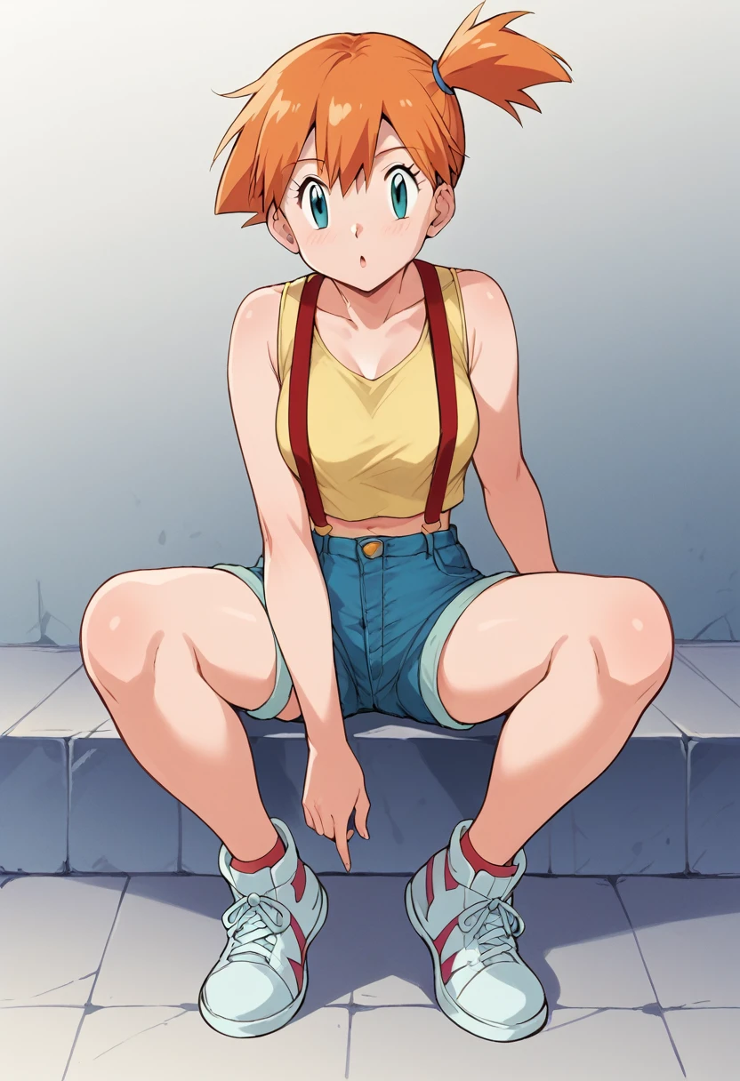 nanao yukiji style, greyscale, manga, 1girl(misty \(pokemon\), orange hair, aqua eyes, side ponytail, yellow tank top, red suspenders, denim shorts, white sneakers