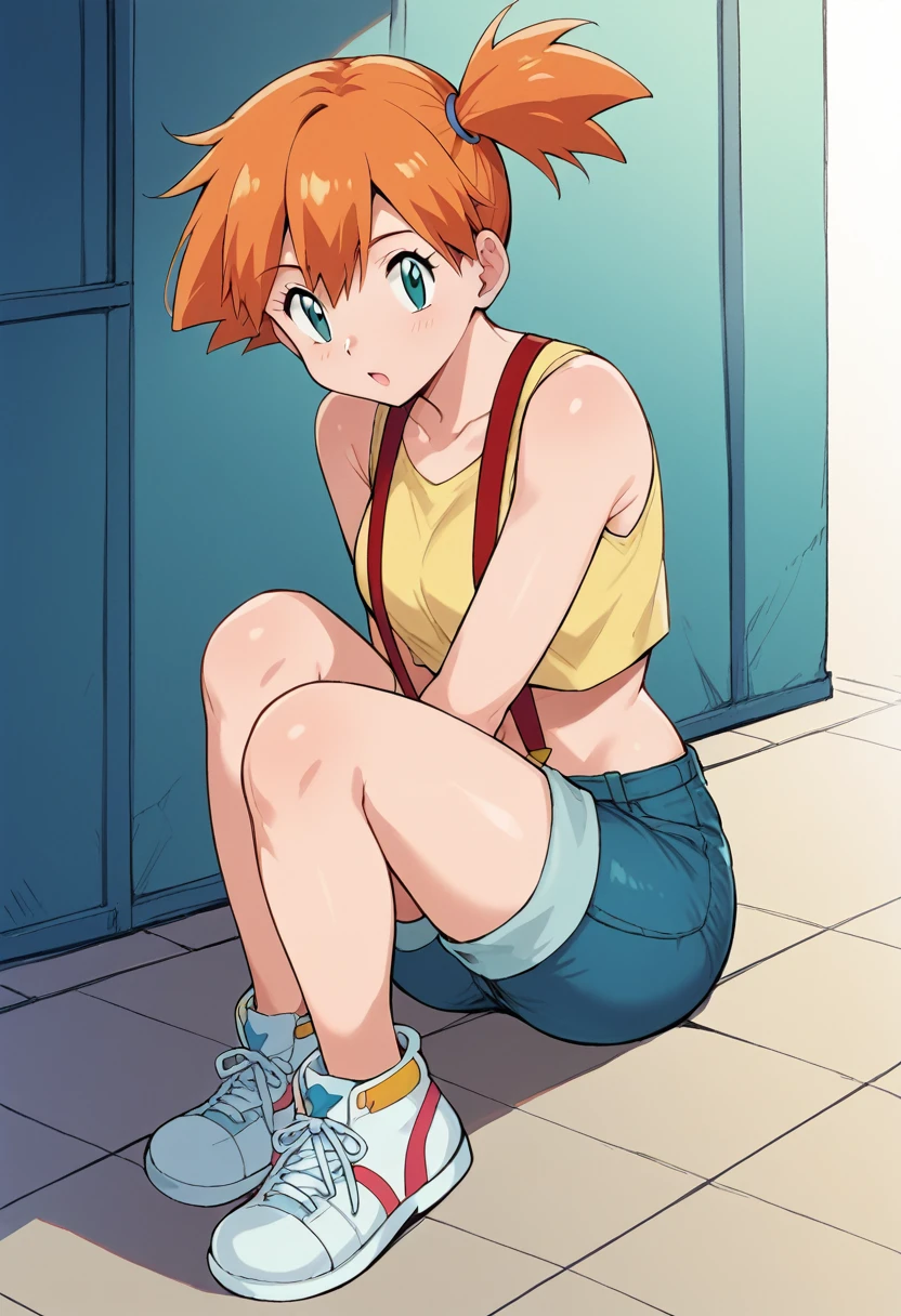 nanao yukiji style, greyscale, manga, 1girl(misty \(pokemon\), orange hair, aqua eyes, side ponytail, yellow tank top, red suspenders, denim shorts, white sneakers