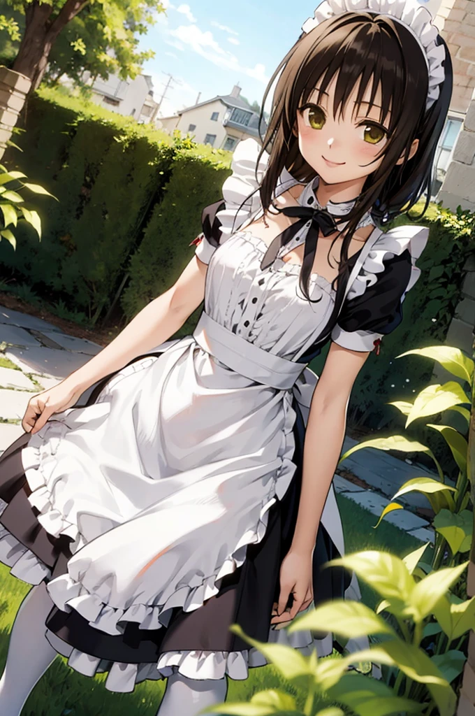 1girl,solo,yuuki mikan,, smile,brown hair,, (best quality:1.3),1girl,garden,(((maid costume))),
