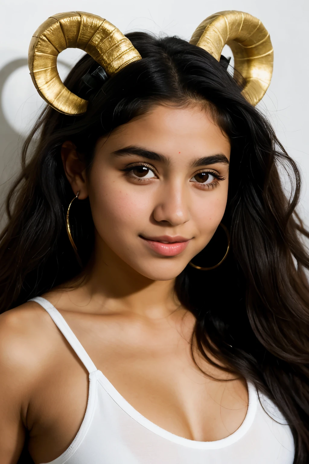 A young, half-goat, Hispanic girl with long puffy and wavy jet black hair with large curved goat horns sticking out of her head, light brown skin, size triple D cu. Typically has dark eye shadow and eyeliner with prominent eye bags, and dark brown eyes with goat pupils*
