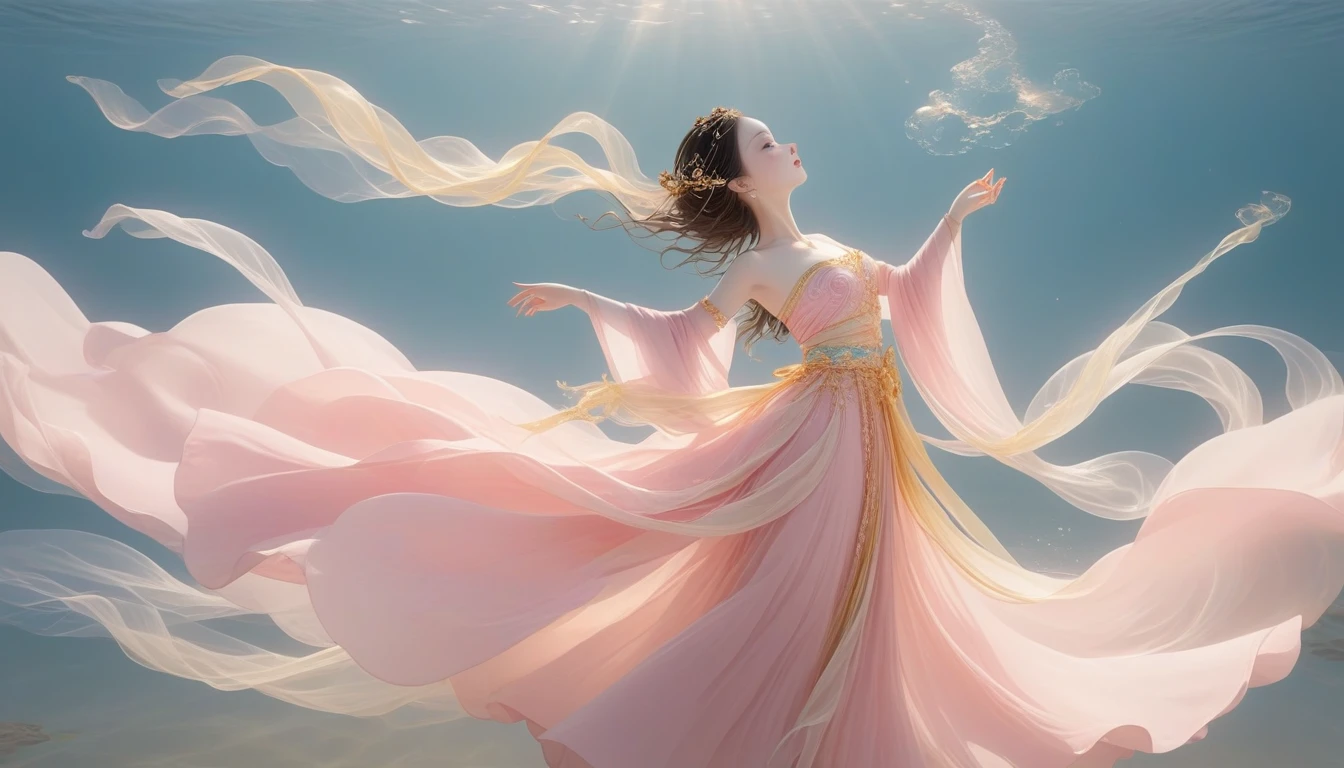 1. Little Girl, Solitary, Under the Deep Sea, underwater dance;Beautiful Inner Glow;Wearing pink Hanfu,Gorgeous dance shoes,Fairy the same,underwater dance;dancer;Golden water,Bright and shiny underwater world,金色的bubble; Deep Shadows, Extraordinary details, bubble, spark, Sun streaks,beam, seabed, dark, whole body, swirl, Golden Light, Embed:Average runoff, masterpiece, high quality, 4K,Dunhuang art style;The art of flying;