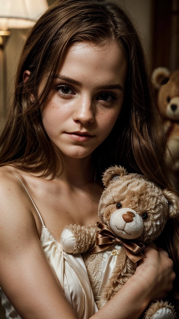 A beautiful, detailed portrait of Emma Watson, a young woman with long, flowing brown hair, porcelain skin, and deep, emotive eyes. She is holding a soft, cuddly teddy bear in her arms, a warm and comforting expression on her face. The scene is rendered in a highly realistic, photorealistic style with vibrant, lifelike colors and exceptional attention to detail. The lighting is soft and natural, highlighting the delicate features of Emma's face and the plush texture of the teddy bear. This is a charming, heartwarming image that captures the warmth and innocence of a young woman and her beloved companion.