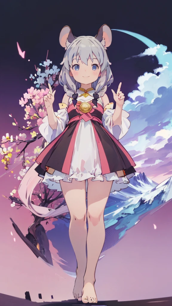 ((masterpiece))((Highest quality))Mouse Ears、girl、smile、blush、Flat Chest、Are thin、、low length、Gray Hair、blush、Are standing、Whole body image、Even your toes are visible、Eye level on face、front、No background、Mouse pose、真frontのアングル、