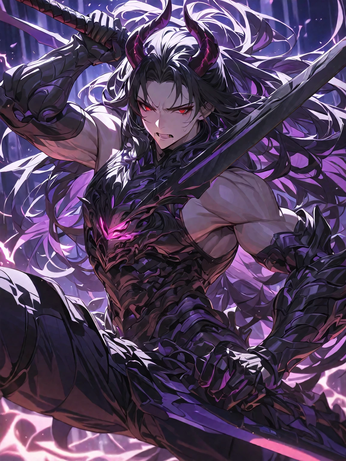 Masterpiece, Very detailed, ultra detailed, one, beautiful, (1 man), with a sporty body, V-shaped shoulders, black detailed armor with glowing purple details, black demonic horns, long hair, black hair, purple with red eye tones, a man has a huge and long sword in his hands and he is in a fighting pose, Black light