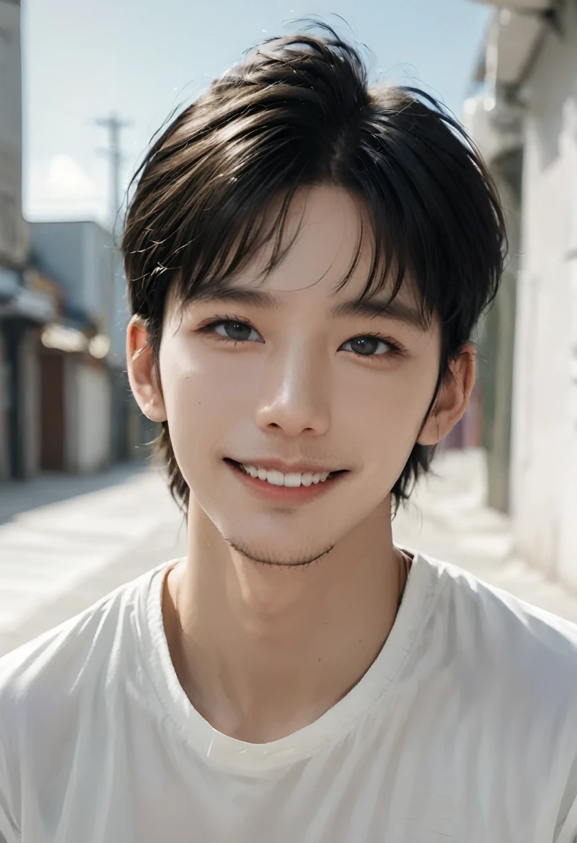 1 men, corner smile, clear eyes, Bblack hair, photo realist, tattoo's