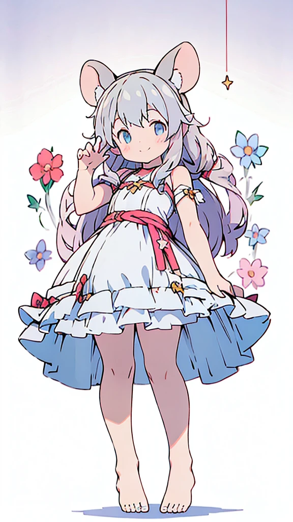 ((masterpiece))((Highest quality))Mouse Ears、girl、smile、blush、Flat Chest、Are thin、、low length、Gray Hair、blush、Are standing、Whole body image、Even your toes are visible、Eye level on face、front、No background、Mouse pose、真frontのアングル、