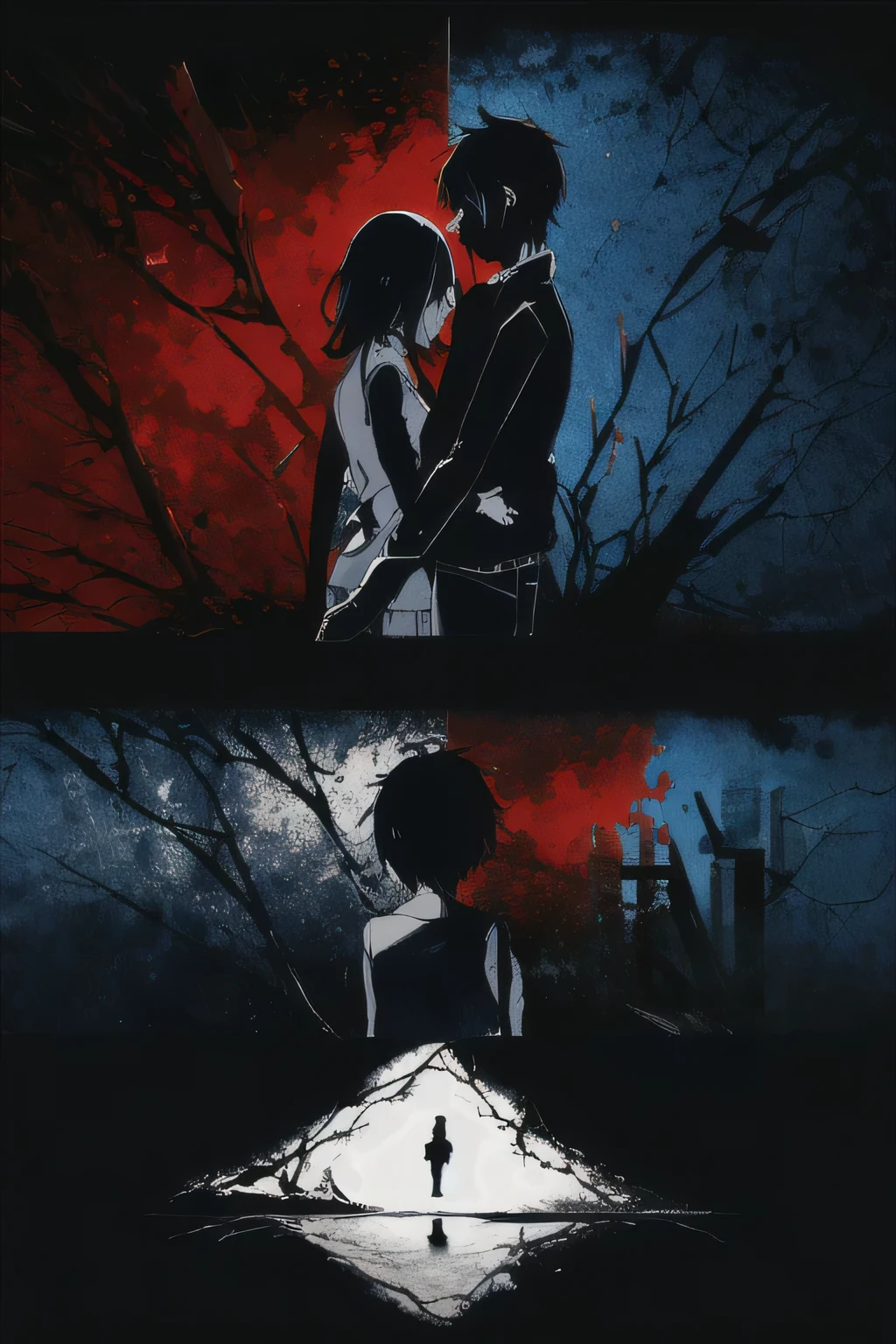 An emotional, dramatic scene with two characters embracing each other, inspired by the music of Kairiki Bear. The characters should have expressive, intense emotions, with one character looking worried and the other offering comfort. Use a dark, saturated color palette with contrasting red and deep blue tones. The background should be abstract, featuring elements like broken clocks, gears, and mechanical parts to enhance the atmosphere of tension and drama. Add detailed textures, such as cracks and tears, to emphasize the intensity of the moment. Create a sense of tension and unease, reflecting the themes of Kairiki Bear's music.