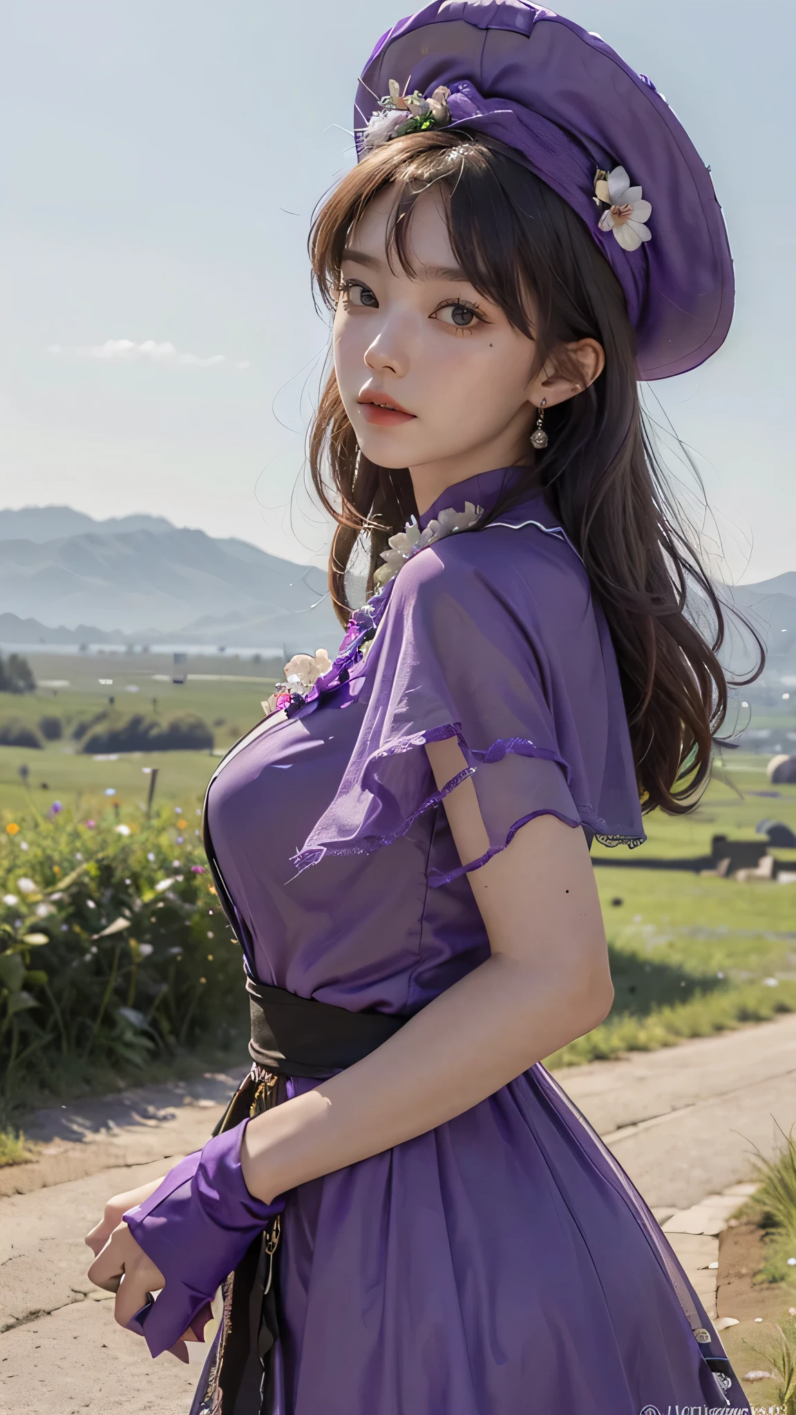 a beautiful girl, perfect face, arms at sides, masterpiece, ultra high res, high quality, 4k, upper body:1.5, lisa (genshin impact), purple witch hat, green eyes, brown hair, , bangs, dress, rose, jewelry, witch, capelet, purple headwear, black gloves, purple flower, hair between eyes, purple rose, parted lips, purple capelet, hat flower, multicolored dress, hair ornament, windmill, from side,