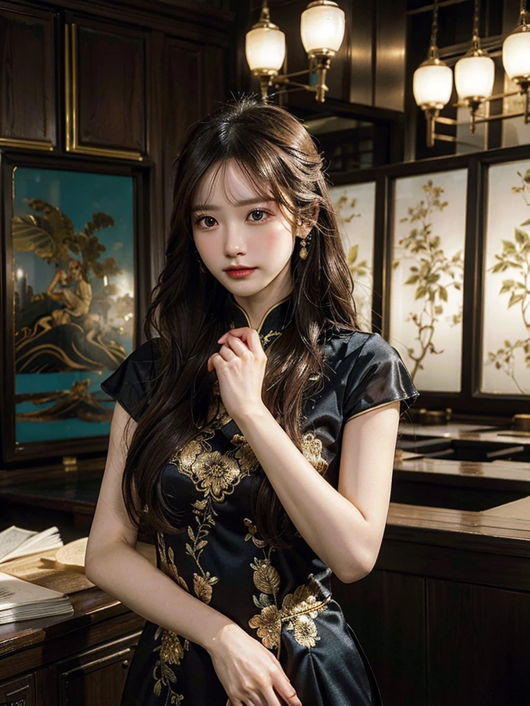 Title: "Elegance in Silk"

Art Style: Hyper-realistic digital painting with elements of classic portraiture. The image showcases intricate details and a rich color palette, emphasizing the beauty and grace of the subject. Techniques include meticulous rendering of textures and soft, dramatic lighting.

Artist's Signature: 'ai Jonas' in the top right corner of the image.

Details to include:
- A woman dressed in a form-fitting, black silk cheongsam with golden embroidery and intricate designs.
- Her pose is confident and alluring, with hands resting behind her head, highlighting her elegant posture.
- The fabric of the cheongsam is depicted with realistic textures, capturing the sheen and flow of the silk.
- Her braided hair is adorned with green jade bangles and gold earrings, adding a touch of traditional elegance.
- Soft, warm lighting that casts gentle shadows, enhancing the contours of her figure and the folds of the dress.
- The background is a softly blurred interior, hinting at a luxurious and culturally rich setting without distracting from the main subject.
- Subtle details in her facial expression and makeup, portraying a sense of poise and sophistication.
- The overall composition should evoke a sense of timeless beauty, cultural richness, and refined elegance.