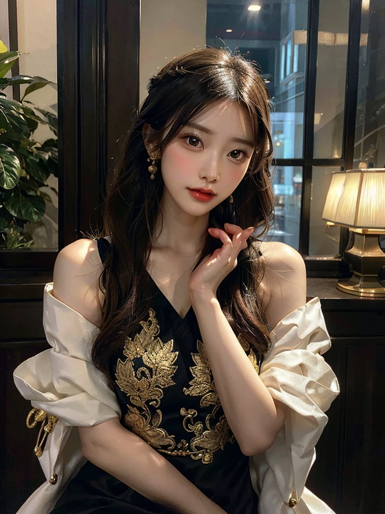 Title: "Elegance in Silk"
Art Style: Hyper-realistic digital painting with elements of classic portraiture. The image showcases intricate details and a rich color palette, emphasizing the beauty and grace of the subject. Techniques include meticulous rendering of textures and soft, dramatic lighting.
Artist's Signature: 'ai Jonas' in the top right corner of the image.
Details to include:
- A woman dressed in a form-fitting, black silk cheongsam with golden embroidery and intricate designs.
- Her pose is confident and alluring, with hands resting behind her head, highlighting her elegant posture.
- The fabric of the cheongsam is depicted with realistic textures, capturing the sheen and flow of the silk.
- Her braided hair is adorned with green jade bangles and gold earrings, adding a touch of traditional elegance.
- Soft, warm lighting that casts gentle shadows, enhancing the contours of her figure and the folds of the dress.
- The background is a softly blurred interior, hinting at a luxurious and culturally rich setting without distracting from the main subject.
- Subtle details in her facial expression and makeup, portraying a sense of poise and sophistication.
- The overall composition should evoke a sense of timeless beauty, cultural richness, and refined elegance.
