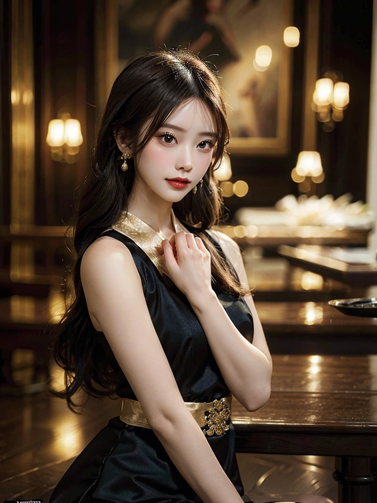 Title: "Elegance in Silk"
Art Style: Hyper-realistic digital painting with elements of classic portraiture. The image showcases intricate details and a rich color palette, emphasizing the beauty and grace of the subject. Techniques include meticulous rendering of textures and soft, dramatic lighting.
Artist's Signature: 'ai Jonas' in the top right corner of the image.
Details to include:
- A woman dressed in a form-fitting, black silk cheongsam with golden embroidery and intricate designs.
- Her pose is confident and alluring, with hands resting behind her head, highlighting her elegant posture.
- The fabric of the cheongsam is depicted with realistic textures, capturing the sheen and flow of the silk.
- Her braided hair is adorned with green jade bangles and gold earrings, adding a touch of traditional elegance.
- Soft, warm lighting that casts gentle shadows, enhancing the contours of her figure and the folds of the dress.
- The background is a softly blurred interior, hinting at a luxurious and culturally rich setting without distracting from the main subject.
- Subtle details in her facial expression and makeup, portraying a sense of poise and sophistication.
- The overall composition should evoke a sense of timeless beauty, cultural richness, and refined elegance.
