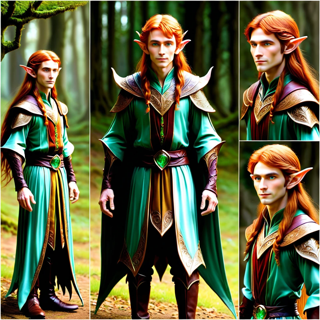 half elf: Physical Appearance:
•	Age: 70 (appears to be in his late 20s due to elven heritage)
•	Height: 5'9" (175 cm)
•	Build: Lean and graceful with subtle muscular definition
•	Hair: Wavy auburn hair reaching his shoulders
•	Eyes: Amber eyes with a mischievous glint
•	Distinguishing features: Slightly pointed ears, less pronounced than full elves
•	Attire: Stylish, practical clothing suitable for both negotiation and travel
