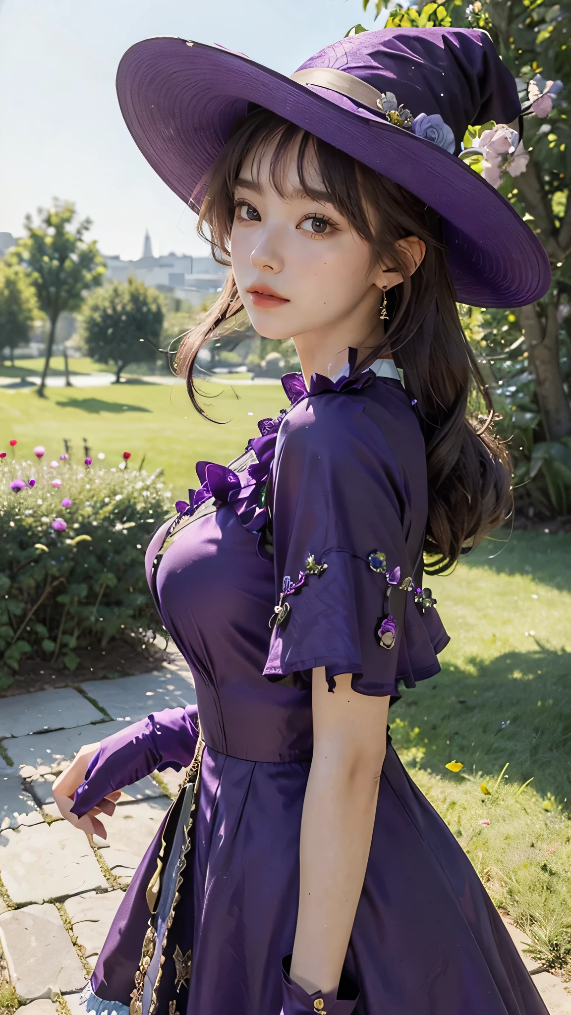 a beautiful girl, perfect face, arms at sides, masterpiece, ultra high res, high quality, 4k, upper body:1.5, lisa (genshin impact), purple witch hat, green eyes, brown hair, , bangs, dress, rose, jewelry, witch, capelet, purple headwear, black gloves, purple flower, hair between eyes, purple rose, parted lips, purple capelet, hat flower, multicolored dress, hair ornament, windmill, from side,