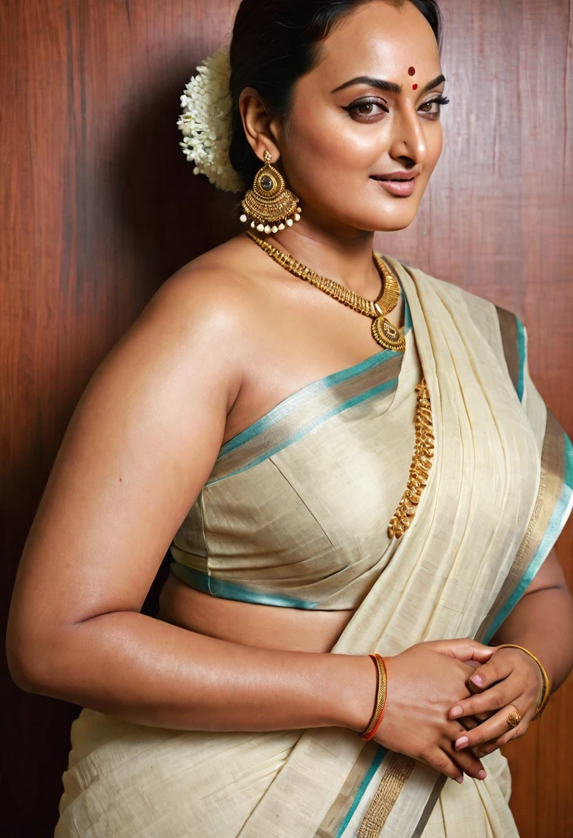 Foto RAW, photorealistic, photography, full body shot, 50 years old Woman, master shot, perfect eyes, goddess like beauty, pierced eyes, perfect thick chubby mallu Desi aunty bhabhi, Wearing a Stanapatta, a chest-band.Saree model, model Photography, Indian saree shoot, Indian traditional wear advertising photography, traditional wear brand shoot, face of Indian actress Sonakshi Sinha, masterpiece, realistic, realism, incredible details, pleasure, photorealism, detailed skin, skin pores, high contrast, photorealistic Artstation 8k HD digital art trend of high definition and detailed realistic skin texture, ultra detail, realistic skin texture, armature, best quality, ultra high definition, (photorealistic:1.4),, high resolution, detail, raw photo, sweat, Re sharp, by Lee Jefferies Nikon D850 Film Stock Photo 4 Kodak Portra 400 Camera F1.6 Lens Rich Color Ultra Real Realistic Realistic Textures Dramatic Lighting Unreal Engine Trending at Art Station Cinestill 800,(pele altamente detalhada: 1.2), 8k UHD, DSLR, soft-lighting, alta qualidade, grain of film, Fujifilm XT3,she didn't like to wear blouse or bra, she is happy to wear only saree, she hates blouse or bra, detailed hairy armpits, hyper realistic skin, skin pores, sweat, veins, short hairs on armpit, stubble armpits, hyper realistic hairy armpits,