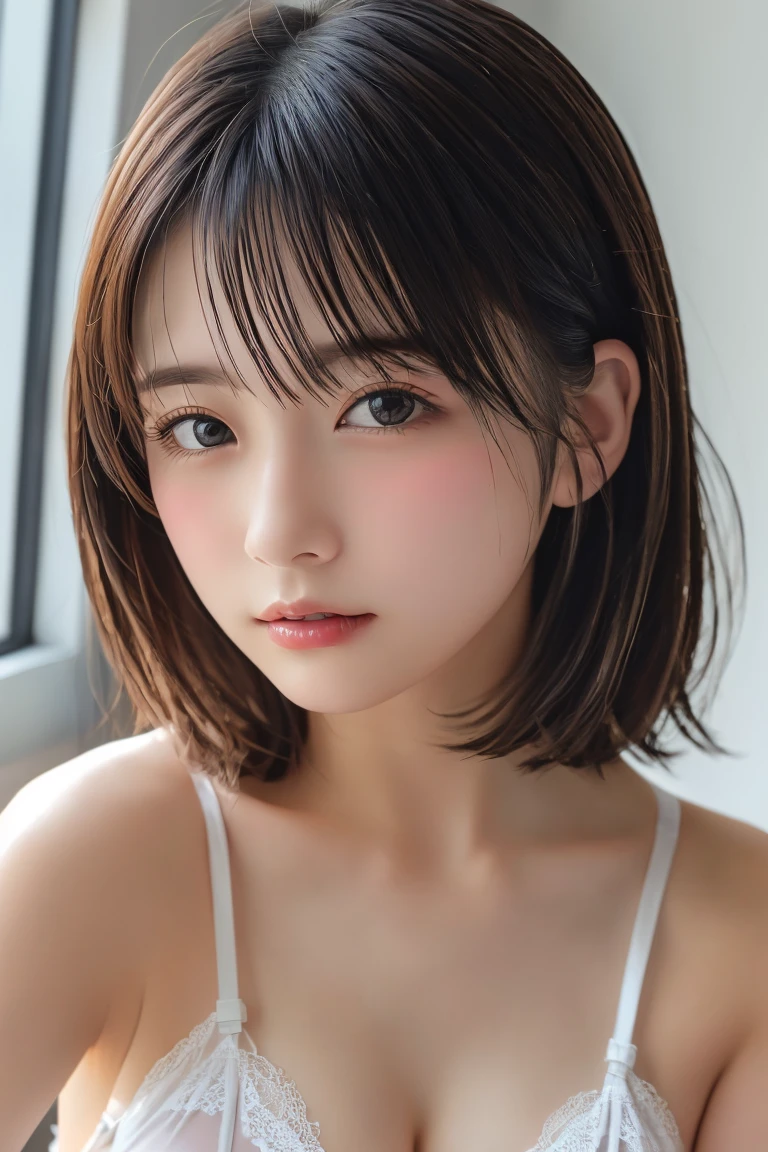Highest quality, (beautiful)、lingerie、Large breasts、Brown Hair、Looking into the camera、、Face down、close、Put your hand on your cheek、whole body、