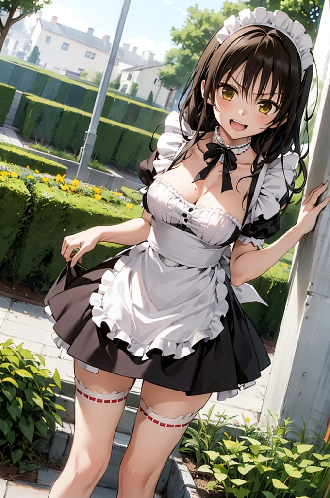 1girl,solo,yuuki mikan,, smile,brown hair,, ,1girl,garden,(((maid costume))),medium breasts,miniskirt,angry,open mouth