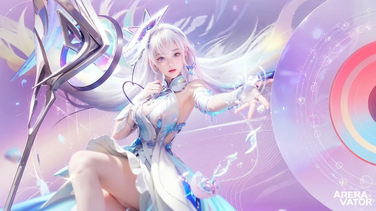 a girl with pastel pink hologram long hair,beautiful detailed eyes,beautiful detailed lips,extremely detailed face,longeyelashes,wearing a white dress,carrying a magic wand,(best quality,4k,8k,highres,masterpiece:1.2),ultra-detailed,(realistic,photorealistic,photo-realistic:1.37),cinematic lighting,intricate details,ethereal,radiant,glowing,dreamlike,fantasy,magical