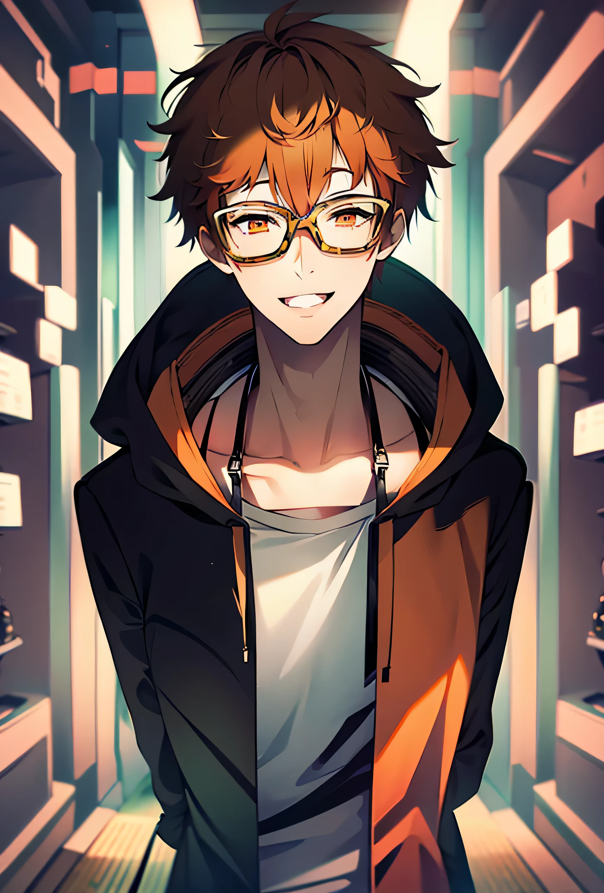 absurdres, uhd, 16k, 1boy, solo, looking at viewer, short hair, collarbone, jacket, upper body, male focus, red hair, parted lips, open clothes, glasses, hood, black jacket, orange eyes, sparkle, hoodie, headphones, hood down, red shirt, hooded jacket, headphones around neck, smile, turning, sitting