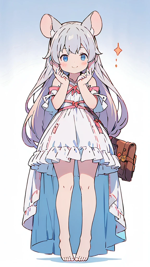 ((masterpiece))((Highest quality))Mouse Ears、girl、smile、blush、Flat Chest、Are thin、、low length、Gray Hair、blush、Are standing、Whole body image、Even your toes are visible、Eye level on face、front、No background、Mouse pose、真frontのアングル、